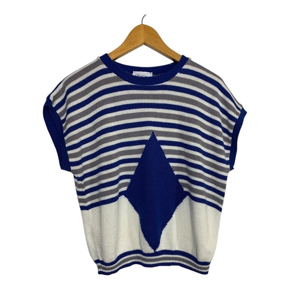 Vintage Devon Union Made Cap Sleeve Knit Sweater Diamond/ Stripes Blue/Cream USA